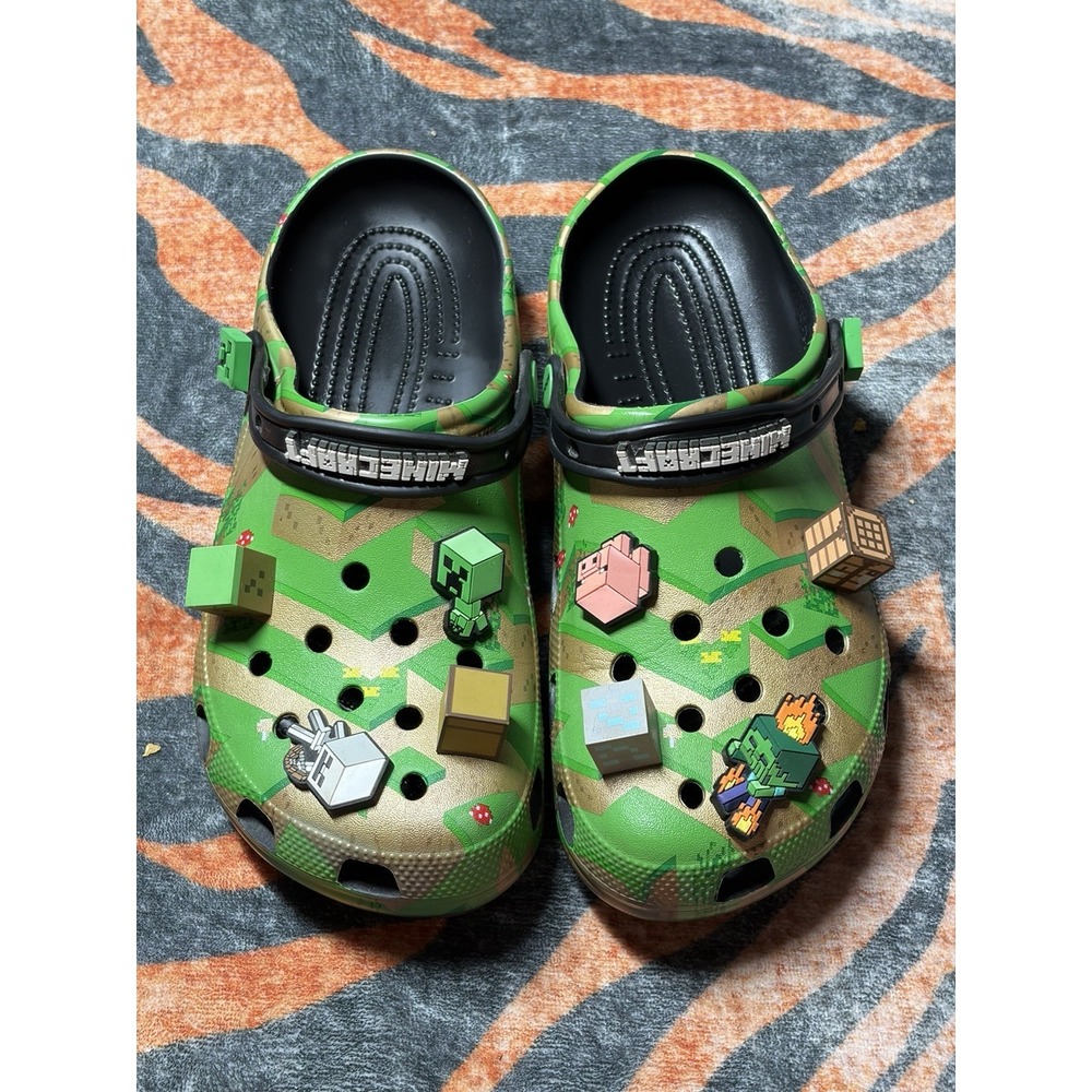 Crocs Minecraft Camo Green Brown Black Clog Sandals Men's 11 With Charms